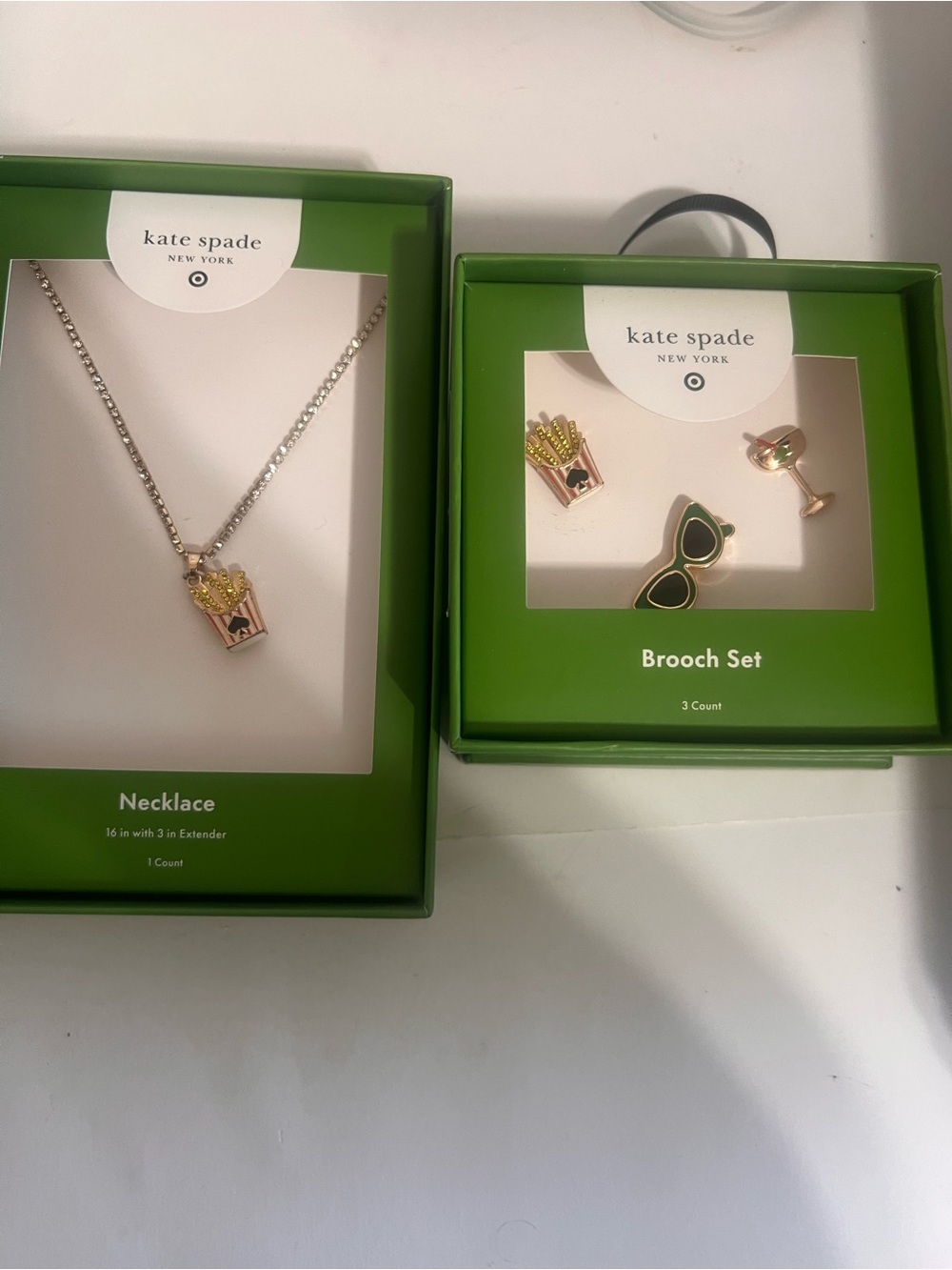 kate spade Pink Enamel & Gold-Tone Fries Pendant Necklace and pins set